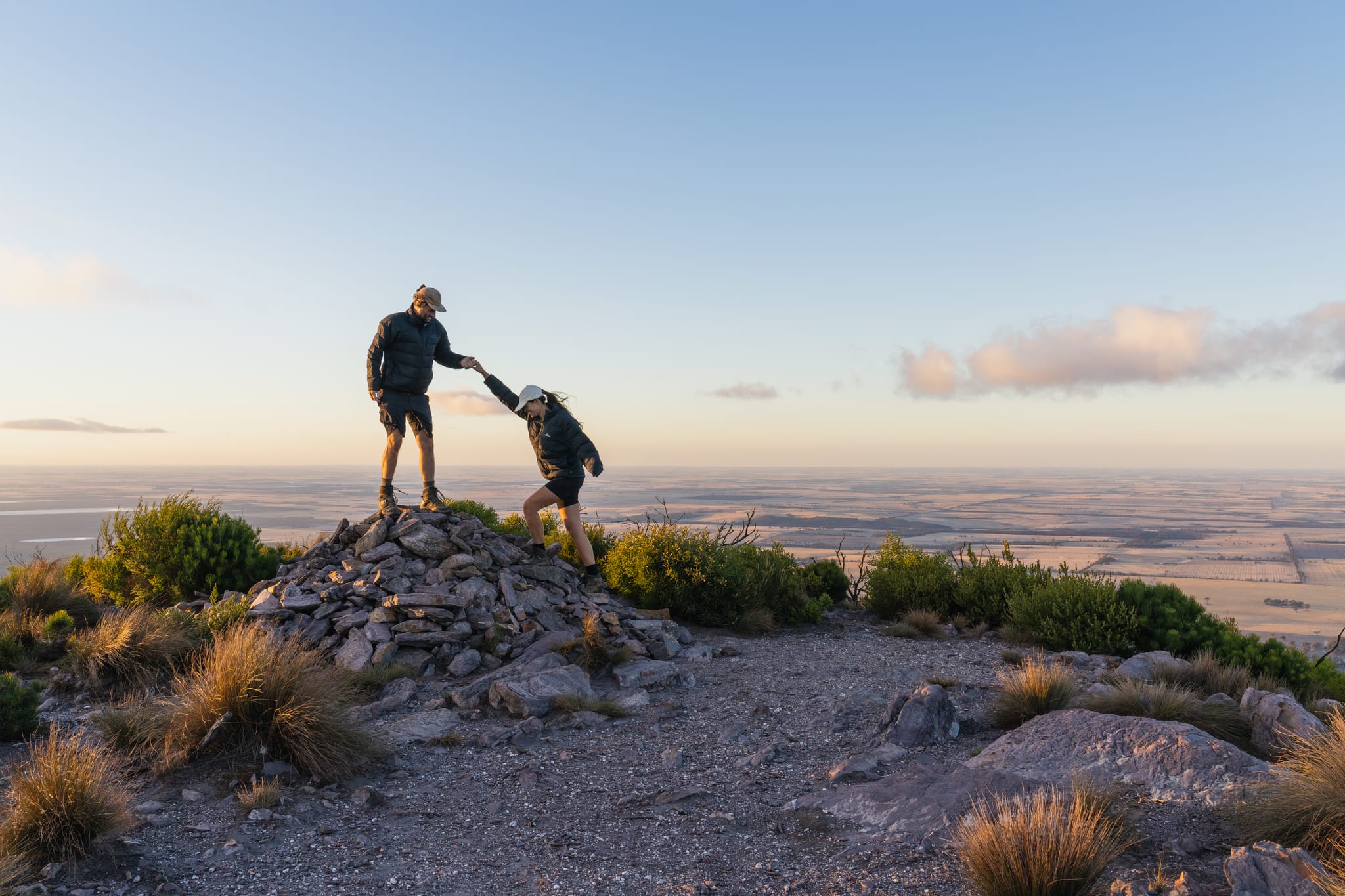 Bluff Knoll, Adam and Clara (Tourist_TheBus), Great Southern Region-web (1) Adam and Clara hiking at the peak of Bluff Knoll, Stirling Range National Park